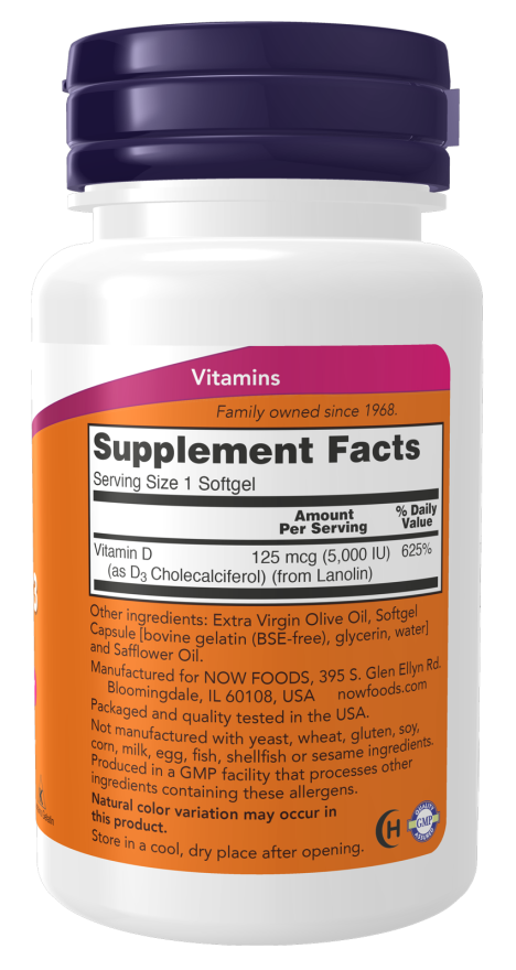 NOW Vitamin D-3, 5000 IU, 120 softgels